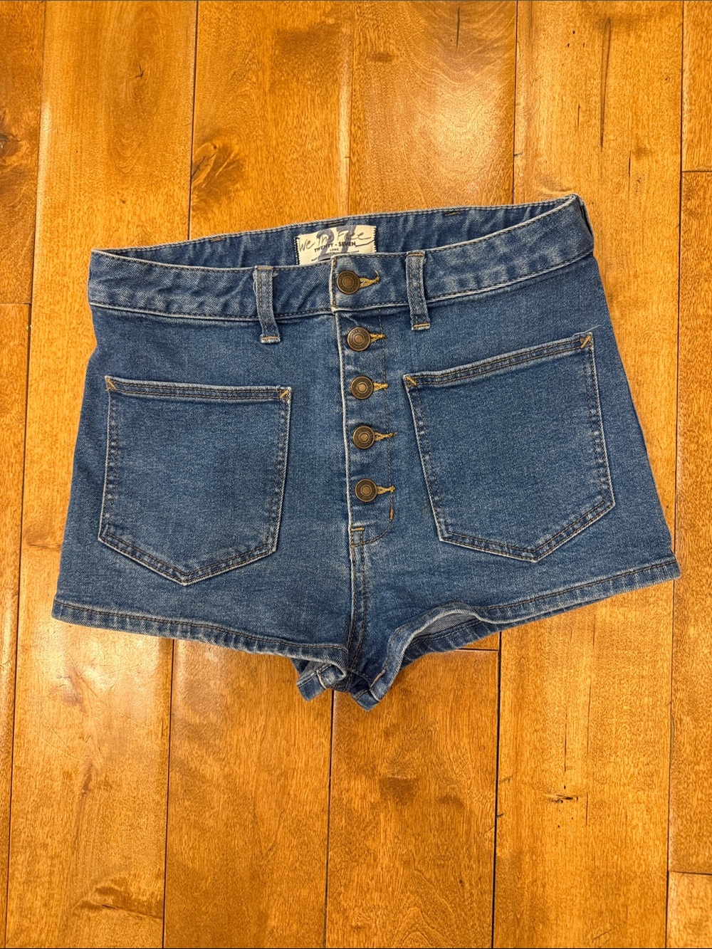 We The Free Dark Blue High-Rise Button-Front Denim Shorts